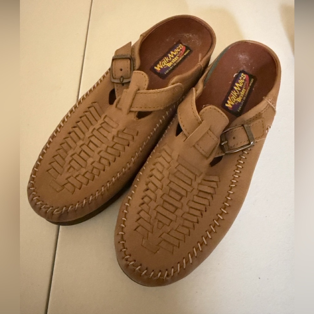 Dexter WalkMocs Tan Leather Woven Huarache Mules Clogs Mens 9 M Made in USA